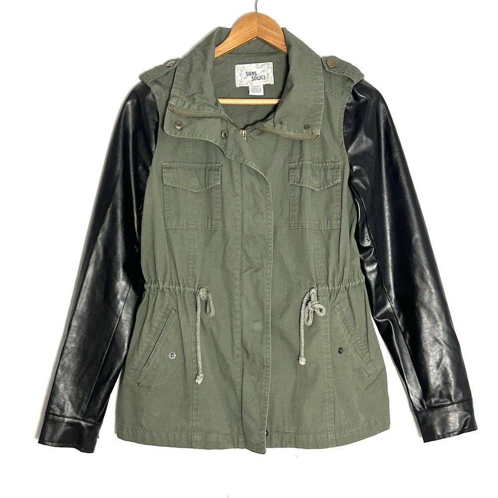 Sans Souci Utility Anorak Jacket Olive Green Faux Leather Sleeves Drawstring M
